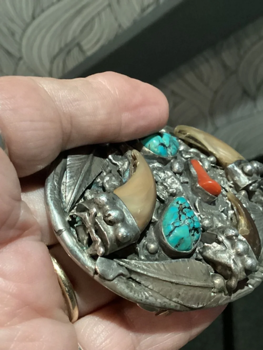 BEAR Claw BELT BUCKLE. OLD PAWN ? CORAL TURQUOISE. SIGNED “SC”